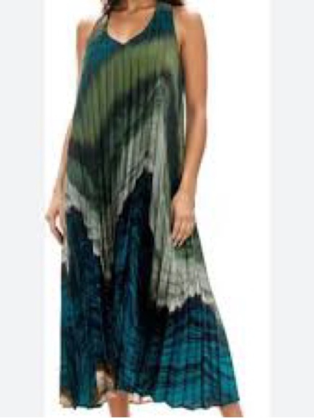 Socialite Teal, Green & Navy Pleated V-Neck Maxi Dress